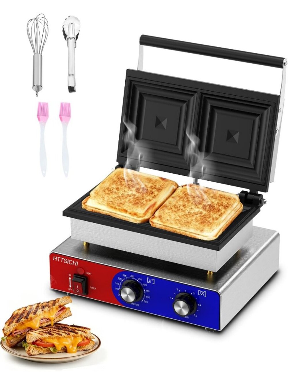 Adjustable Electric Sandwich Maker - Non-Stick Panini Grill Press, 2 Sandwiches